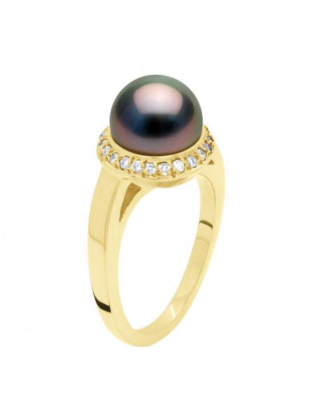 Ring Round Jewlery Tahitian Pearl Round 9-10 mm - Diamonds 0.38 CTS - Gold 375 - Fakara