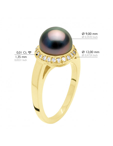 Ring Round Jewlery Tahitian Pearl Round 9-10 mm - Diamonds 0.38 CTS - Gold 375 - Fakara