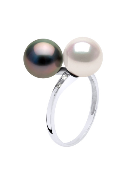 Tahitian Bead Ring and Akoya Round 8-9 mm - Diamonds 0.020 CTS - Gold 375 - Kyoto