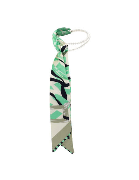 Ensemble Foulard à Nouer Vert et Rang de Perles de Culture