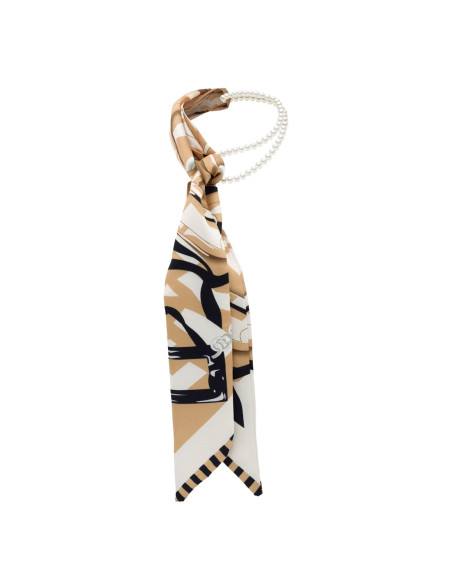Ensemble Foulard à Nouer Marron et Rang de Perles de Culture