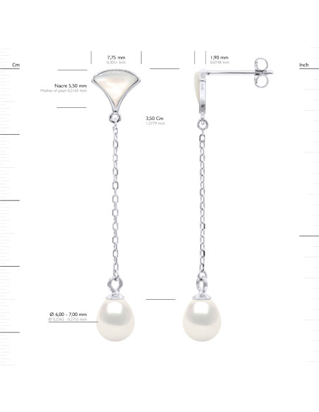 Boucles d'Oreilles Pendantes avec Nacre Véritable Perles de Culture 6 -7mm - Argent 925 - Nacre